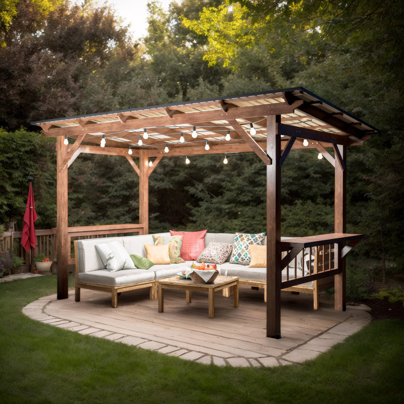 13' x 6.5' Wooden Pergola Grill Gazebo with Metal Roof,Bulbs,Bar Counters for patio, backyard or swimming pool.