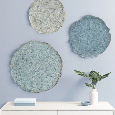 3 Textured Feather Metal Wall Art In Blue Colorway - 20", 17.25", 14.25" , Indoor Ornament Decor With Look Decoration