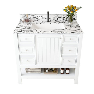 Ensemble de meuble-lavabo moderne 37 "avec plateau blanc, armoire de salle de bain multifonctionnelle avec portes et tiroir, avec 3 tiroirs et une armoire de rangement, structure solide et panneau de fibres à densité moyenne (trou de robinet simple)