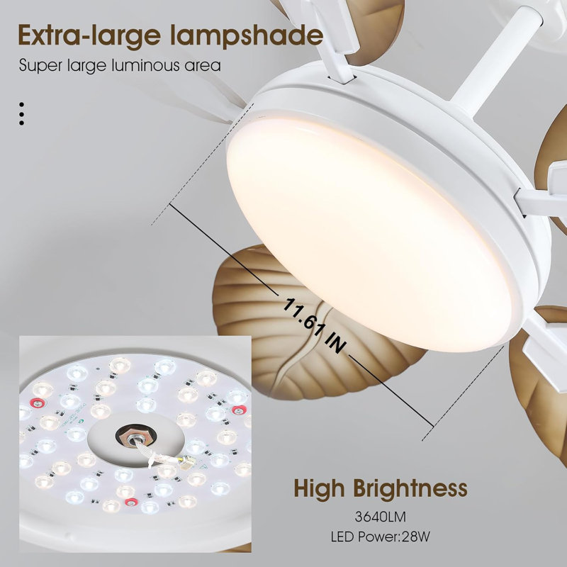 Ventilateurs de plafond 52 "à feuilles de palmier tropicales avec lumières et télécommande, White with Brown