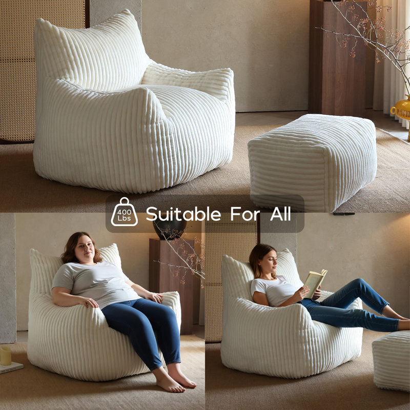 Adult Oversized White Bean Bag Couch with Ottoman Pre-Filled Foam 2-Piece Set 40.5" Supports Up to 400 Lbs for Bedroom Living Room Decor