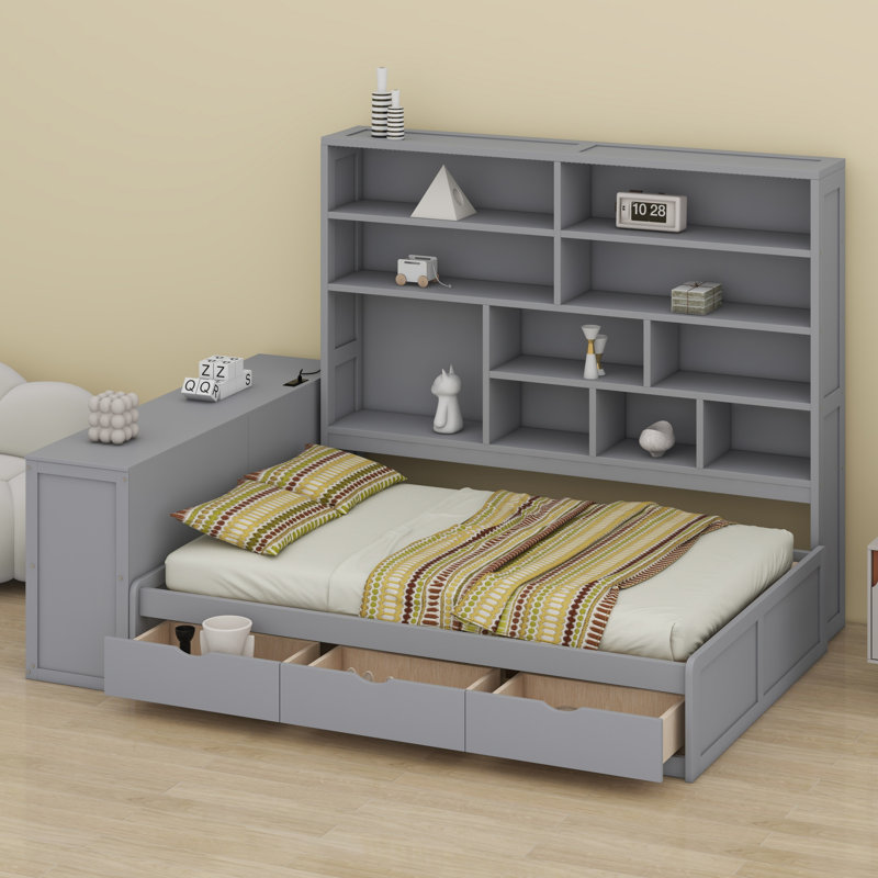 Lit de jour en bois avec trois tiroirs, bureau, tablettes et lumières, Gris