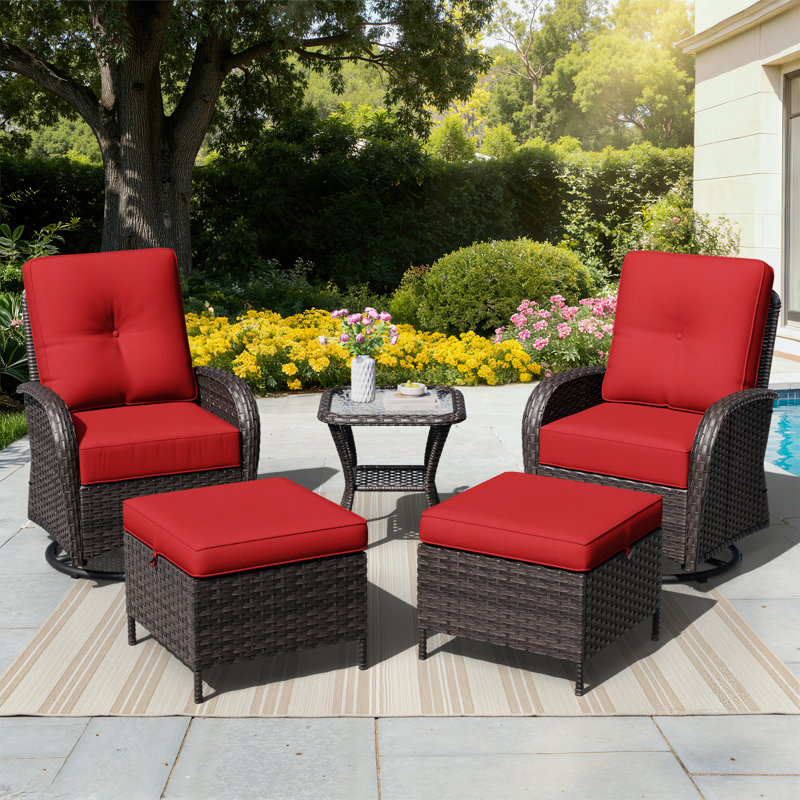 2-Person PE Wicker Outdoor Patio Set With Chairs, Ottomans, Side Table & Red Cushions, Red