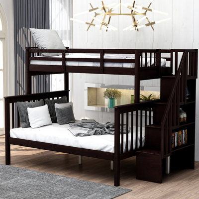 Lit superposé simple au-dessus de double avec rangement et garde-corps pour chambre à coucher, couleur espresso - 94,3 po x 58 po x 62,3 po Stairway - Bois massif - Lit superposé - Espresso - avec garde-corps et échelle