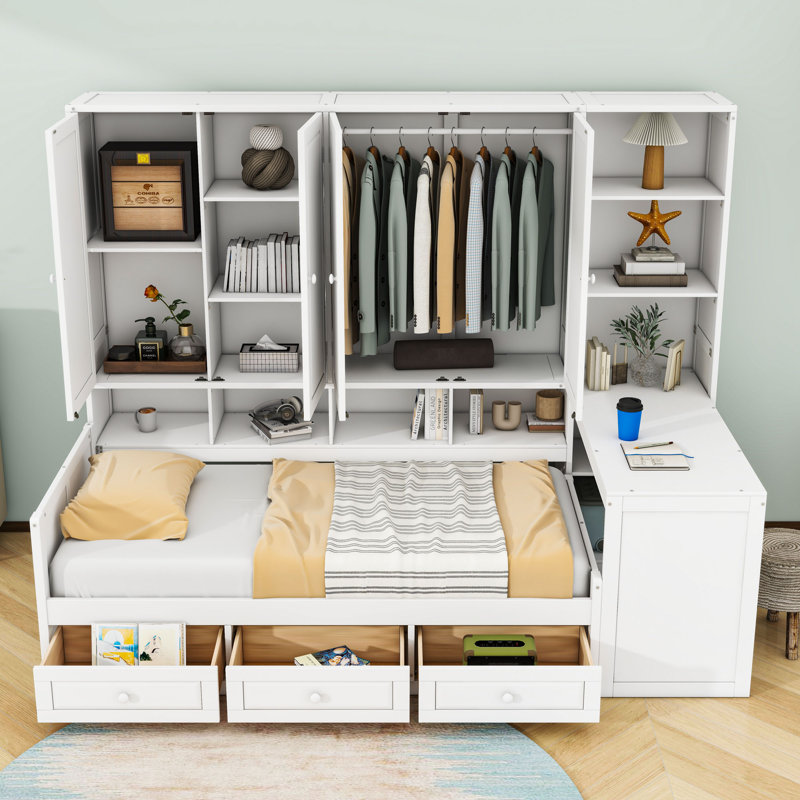 2 Drawers Wood Daybed with Built-in Desk and Shelves, Gray, Twin