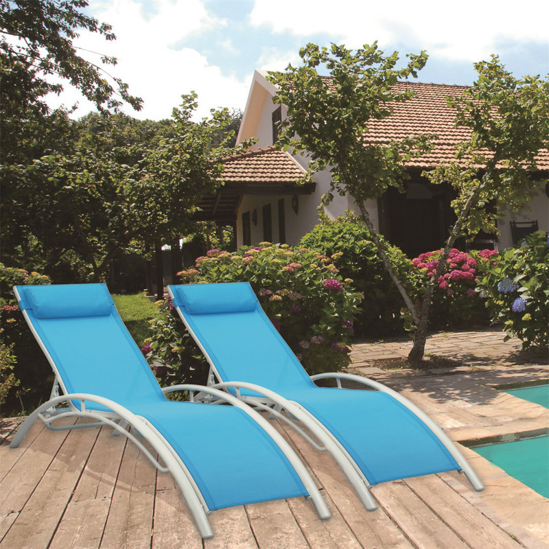 Chaise longue simple inclinable Tracei, Bleu, Blanc