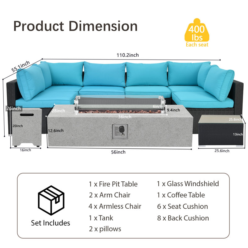 6 - Person Outdoor Seating Group with Cushions and Fire Pit Table, Blue/Black