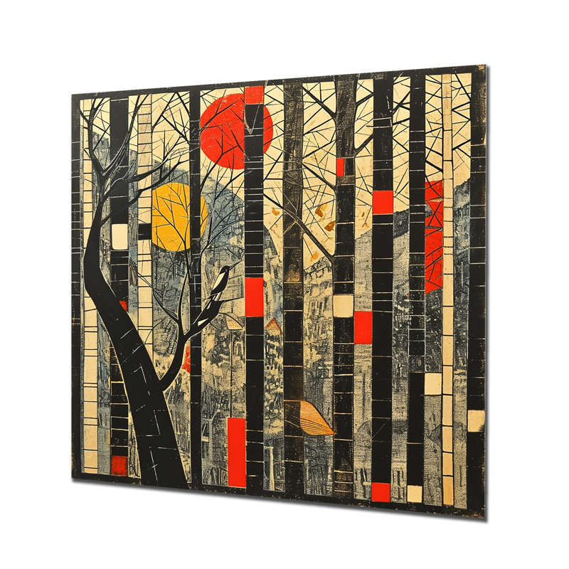 Lune rouge japonaise, paysage de bambou - art botanique abstrait, H 30 po x l 30 po, Sans cadre, métal