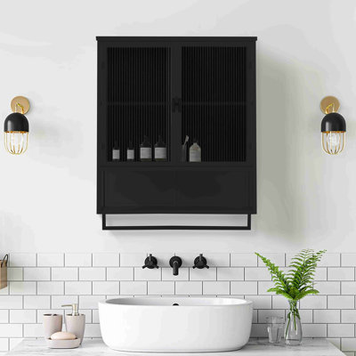 23.62"Glass Doors Modern Two-Door Wall Cabinet With Featuring Two-Tier Enclosed Storage, An Open Shelf, And Towel Rack, For Entryway Living Room Bathroom Dining Room