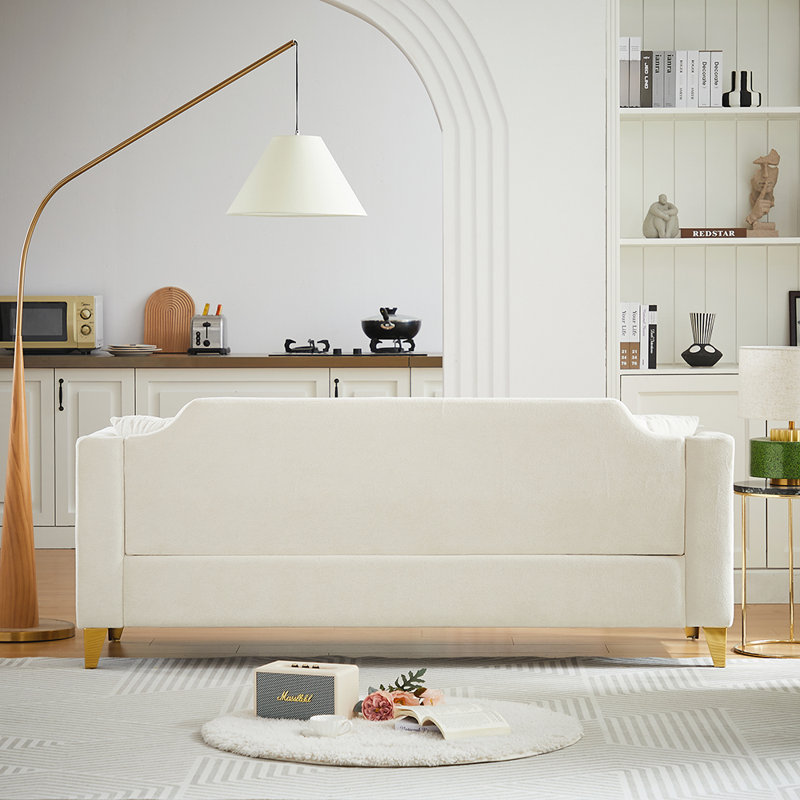 " mid-century modern chenille sofa | tufted buttons & copper nail armrest | 2 pillows | metal legs | stylish living room couch