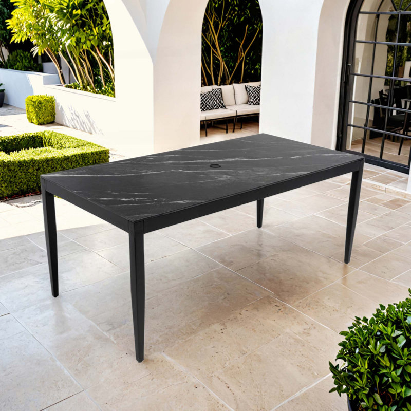 Outdoor Modern Patio Aluminum Dining Table, Black Marble-Inspired Sintered Stone Top, Weatherproof & Rust-Free, Seats Six