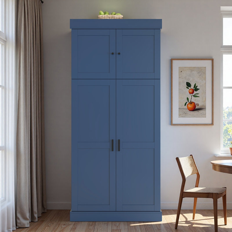 Grand garde-manger autoportant avec tablettes réglables, tablettes de porte, tiroirs et porte-bouteilles, Bleu