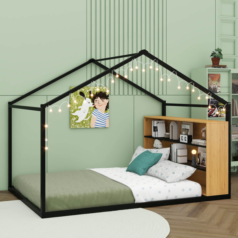 Structure de lit en métal inspirée de la maison avec éclairage intégré, Noir, Lit double