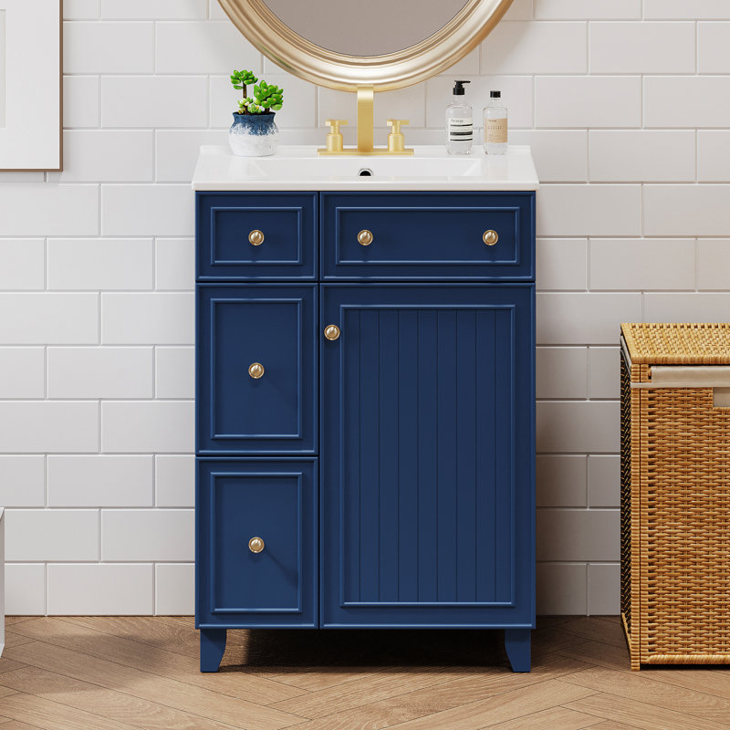 Blue Bathroom Vanity - Practical Function, Easy Maintenance Sink With Ceramic 24" , Stylish Look, Blue / Gold