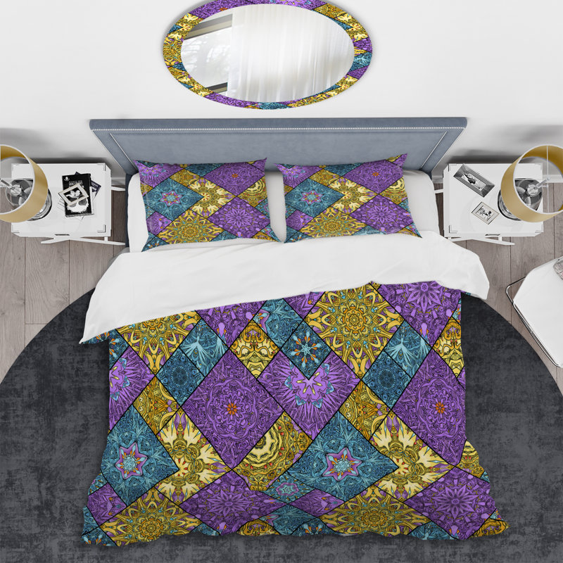 Ensemble de housse de couette à motif doré et mauve, Housse de couette simple + 1 taie décorative stan