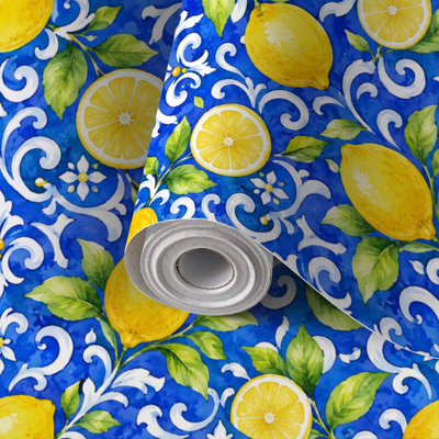 Peel and Stick Wallpaper Contact Paper Mediterranean seamless Blue majolica tiles yellow lemons Self Adhesive and Removable 24in x 118in(60x300cm)