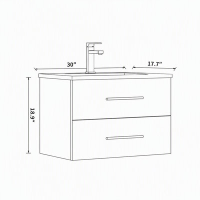 30-Inch Wall-Mounted Bathroom Vanity with Ceramic Sink, Double Drawers and Long Metal Handle