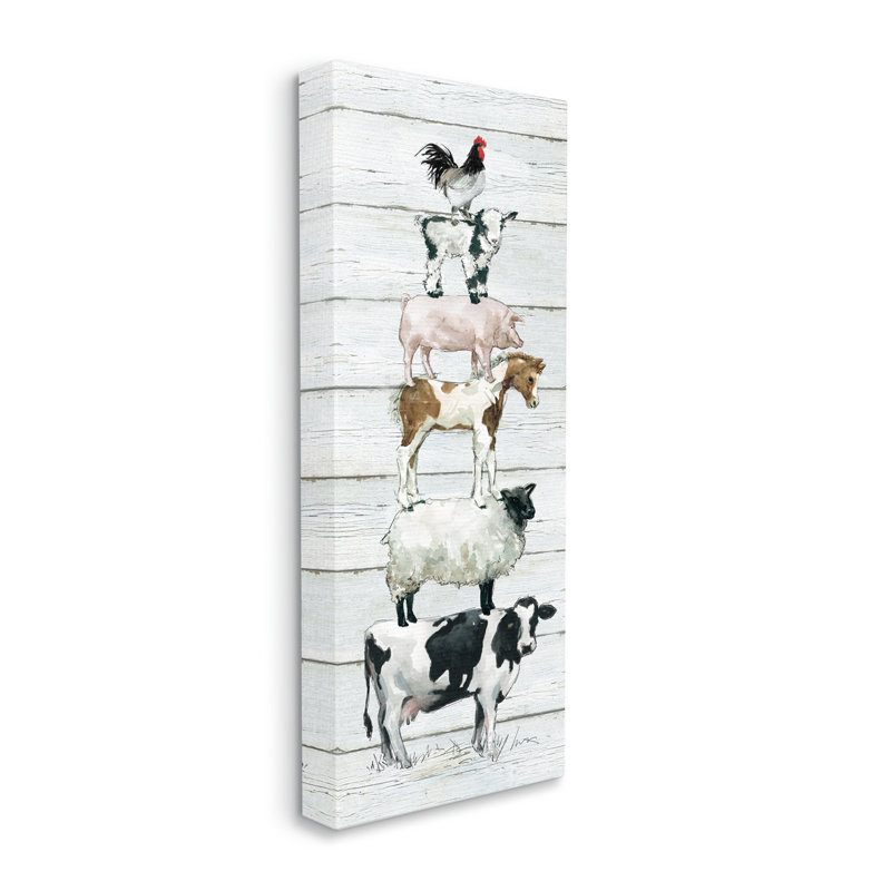 «Balancing Farm Animals Rustic White Plank Motif» par Carol Robinson, peinture sur toile tendue, H 24 po x l 10 po x P 1,5 po