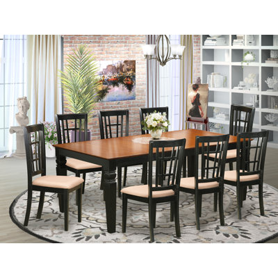 Ensemble de salle à manger 9 pièces comprenant une table rectangulaire en bois avec rallonge papillon et 8 chaises de salle à manger en lin, 107 x 213 cm, noir et cerisier