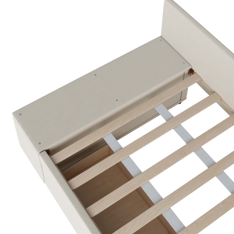 Lit plateforme simple tapissier en forme de L avec rangement et tiroirs, Beige