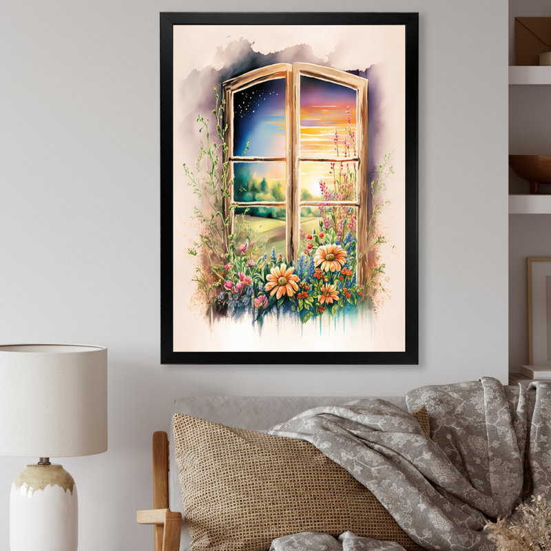 Été coucher de soleil floral fenêtre III - ferme fenêtres, reproduction sur toile, H 40 po x l 30 po, Cadre photo noir