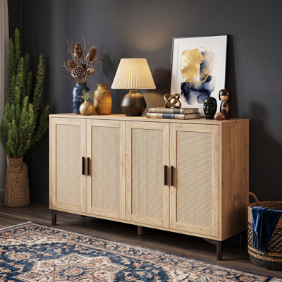 48" Black Sideboard Buffet Cabinet With Rattan Doors, Modern Boho Coffee Bar Table Console Credenza