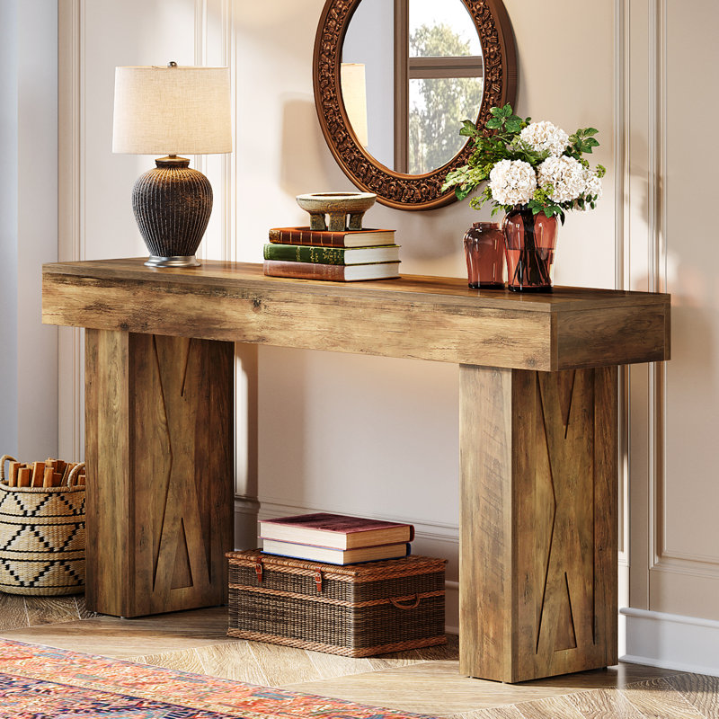63-Inch Rustic Brown Wooden Console Table with Storage