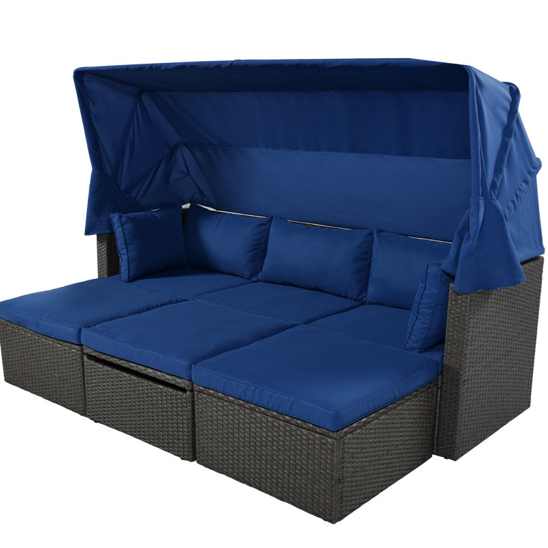 Lit de jour d'extérieur avec auvent et rembourrage de coussin lavable pour terrasse avec coussins de soutien rétractables