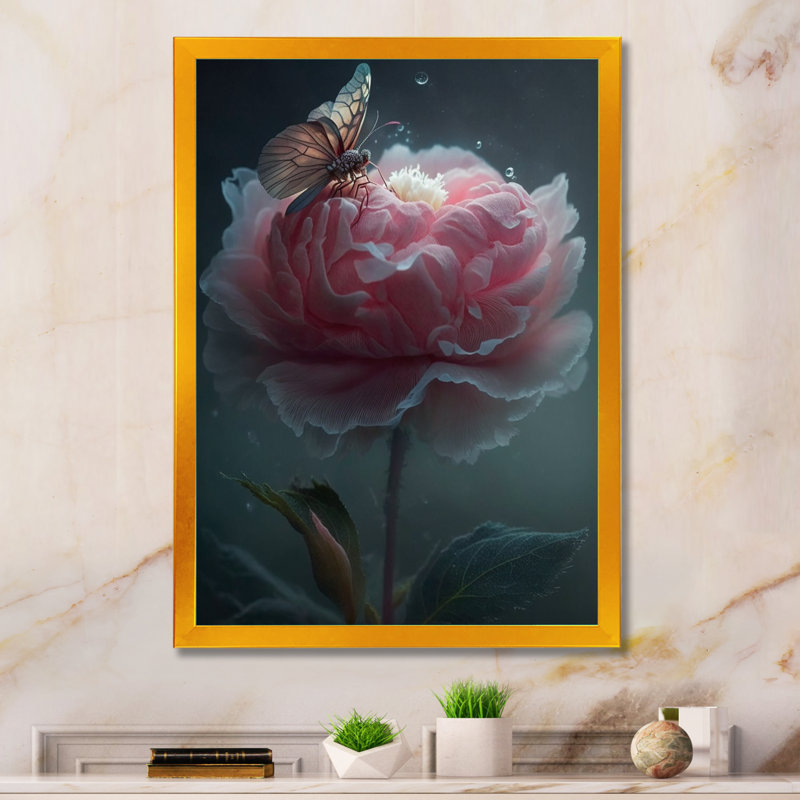 Fleur rose avec papillons en fleurs - impression, H 32 po x l 24 po x P 1 po, Encadrement doré