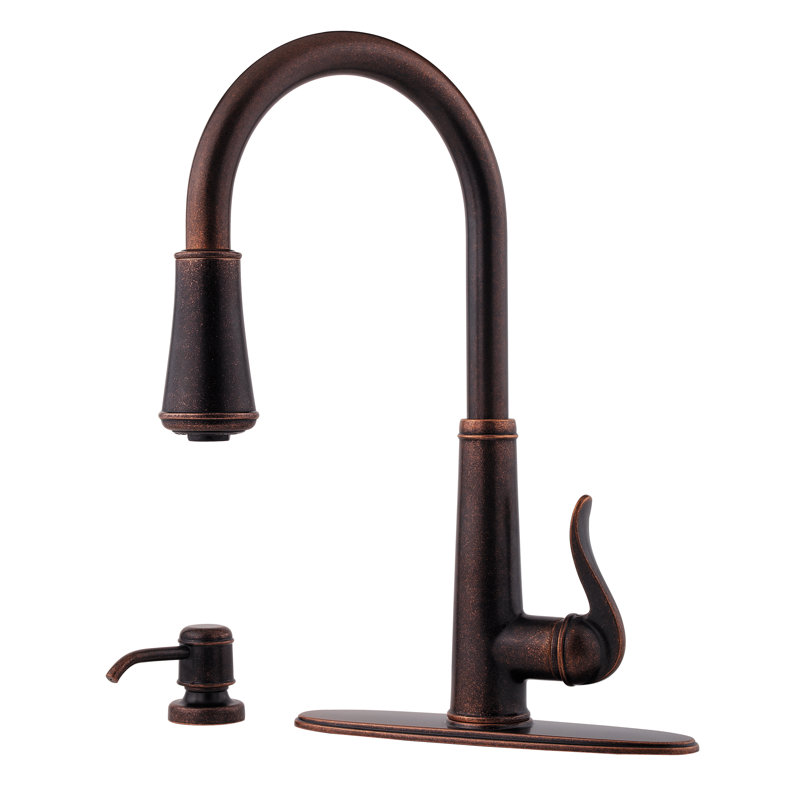 Ashfield Pull Down Single Handle Kitchen Faucet with Soap Dispenser, Rustic Bronze