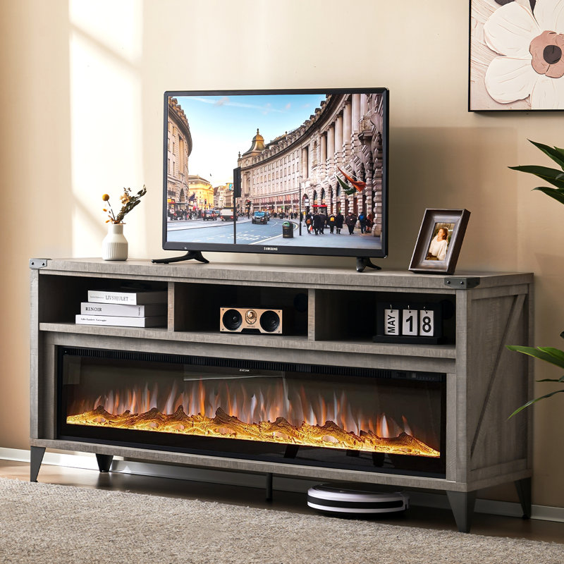 Bowrah TV Stand for TVs up to 75" with Electric Fireplace Included, Light Gray, Light Gray