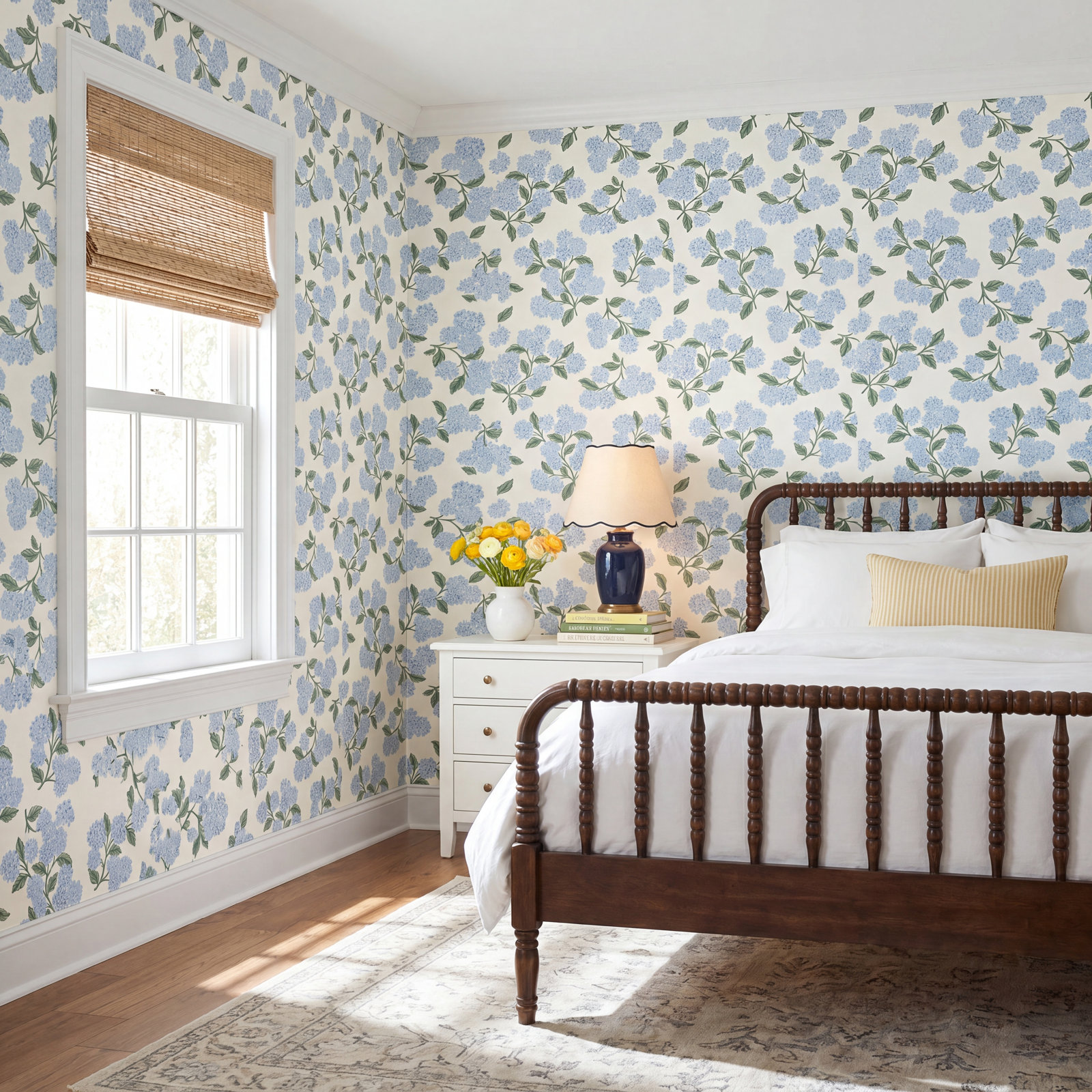 Hydrangea White Peel and Stick Wallpaper, Blue