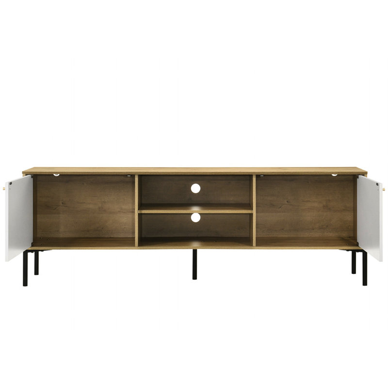 70"W White And Oak Tv Stand With 2 Door Storage Unit Adjustable Rack 2-Door Shelf Cable Management Outlet Hole