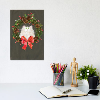 Festive Wreath White Cat by Kim Haskins - Print on Canvas