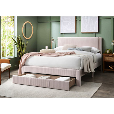 Lit plateforme rose en velours côtelé - pleine grandeur avec tiroir sous le lit pour l'adaptabilité de la chambre à coucher Style contemporain et rangement