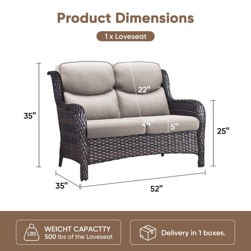 Simino Outdoor All-Weather PE Rattan Patio Loveseat With 5" Thick Cushions, Beige, Brown