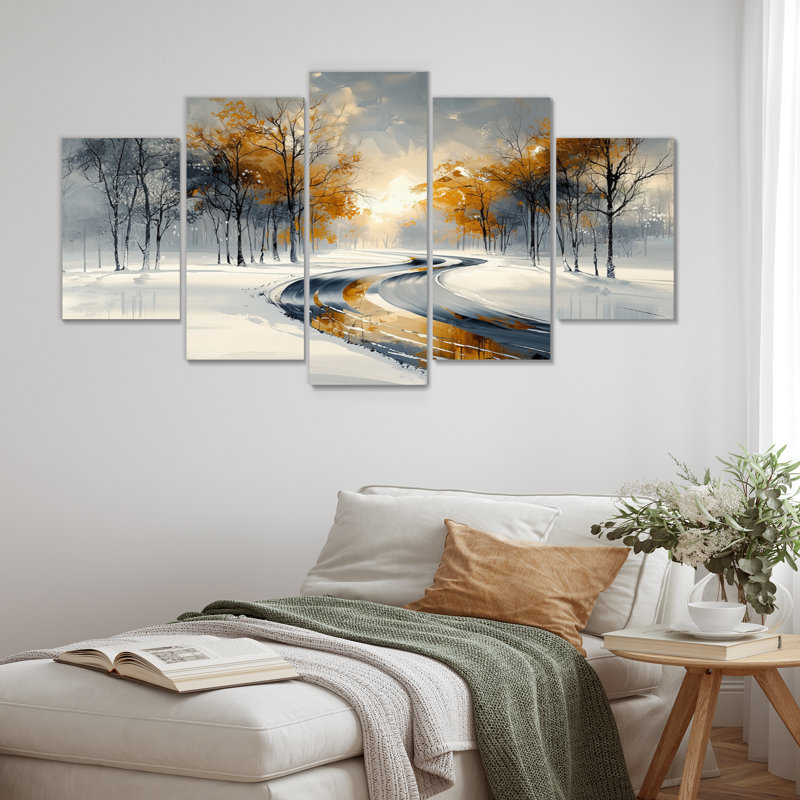 Or et blanc route givrée en hiver III - ensemble d'art mural sur toile paysage d'hiver