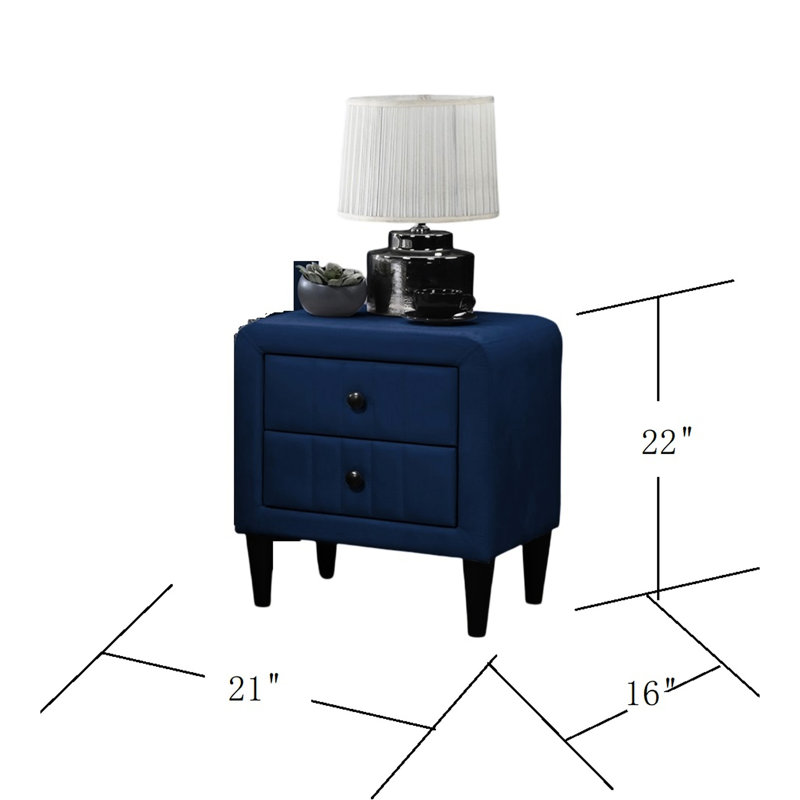 Élégante table de chevet en velours bleu marine pour table de chevet avec 2 tiroirs et apparence