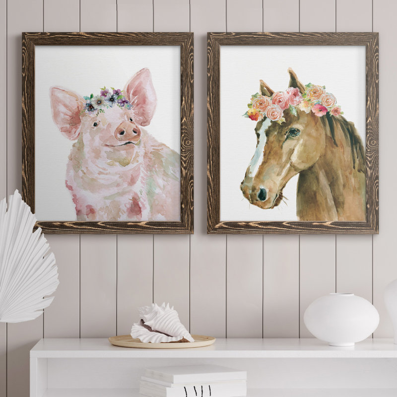 Cochon couronne de fleurs - ensemble de 2 peintures, Toile avec cadre en noyer, Pas de tapis, H 24 po x l 36 po x P 1,5 po