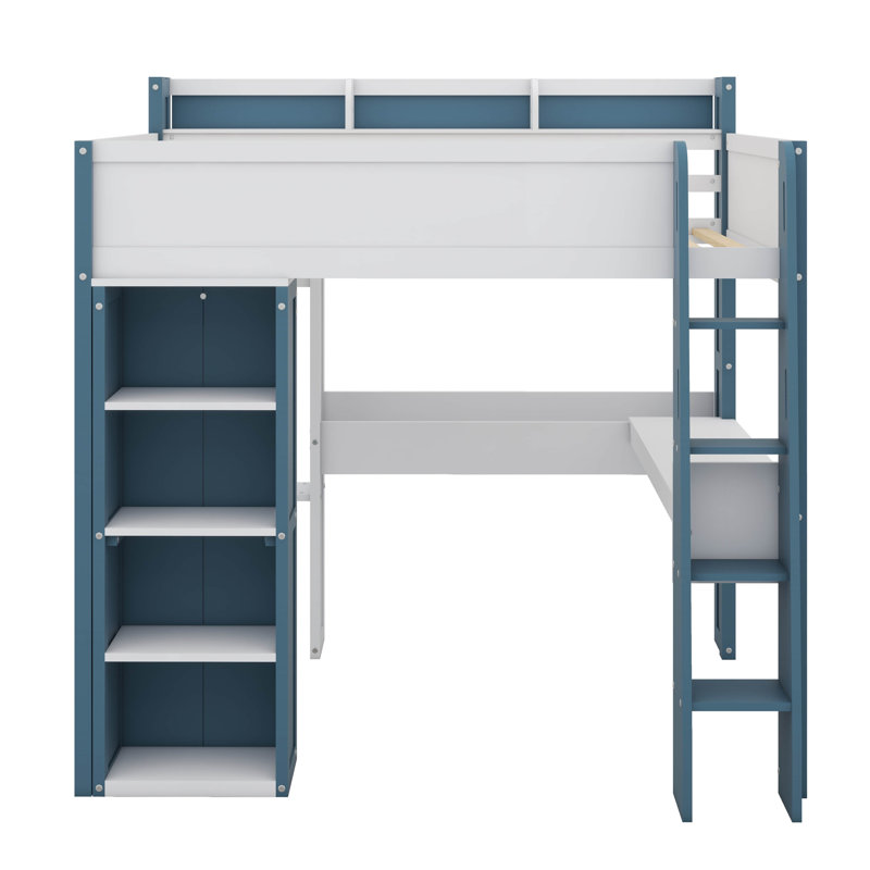 Lit mezzanine double avec tablettes, tringles à vêtements et bureau, Blanc et bleu