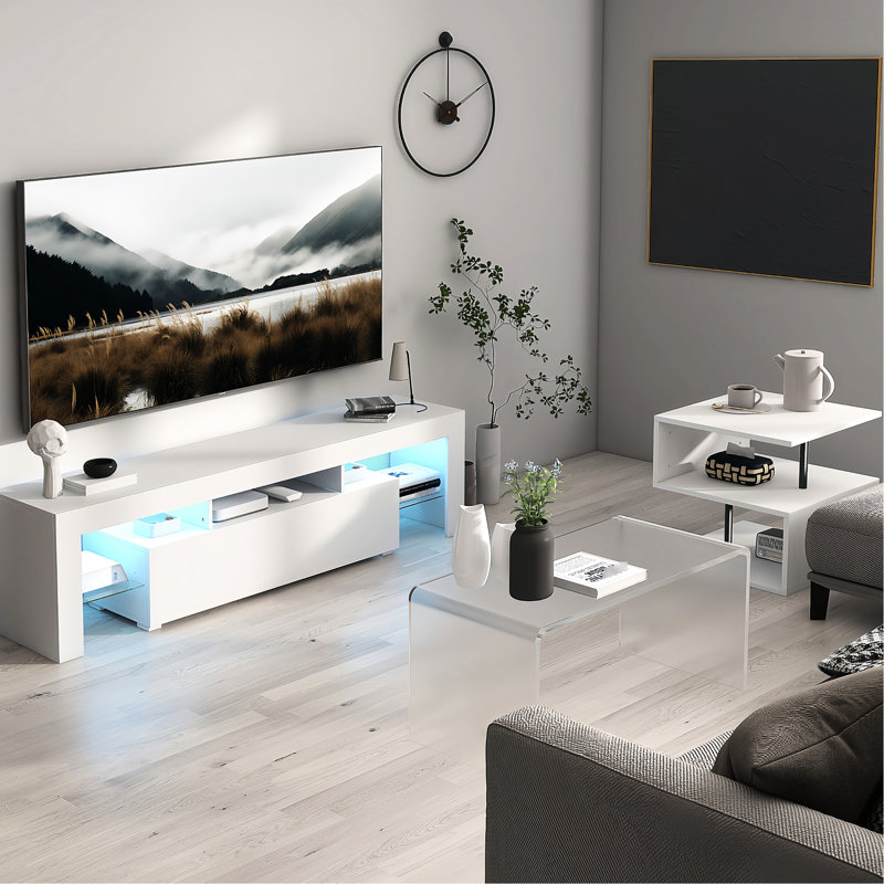 Modern Led Tv Console Table, Up To 55-Inch Tvs, White With Large Storage, Glass Partition, Down Flip Door, High Glossy Front For Living Room & Bedroom Table Front, Shelf Decoration
