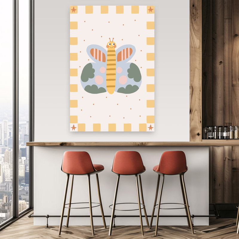 Mignon papillon souriant ludique fantaisiste, papillon abstrait, paysage, art mural, 60" H x 40" W