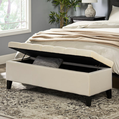 Rangement beige contemporain à boutons et à losanges, pieds amovibles, charnières pour un fonctionnement en douceur du couvercle, P 17,5 po x l 51 po, fonction d'assemblage nécessaire avec couvercle, fonctionne comme siège supplémentaire, inclus