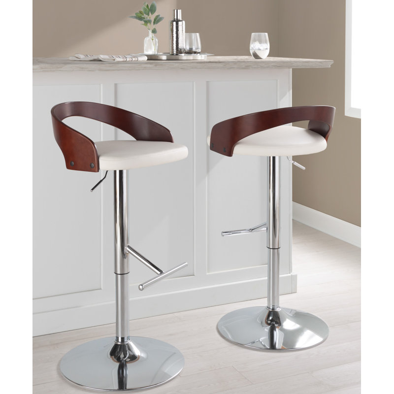 White Faux Leather Adjustable Swivel Barstool with Wood Backrest