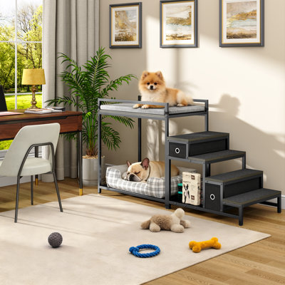 Lit superposé pour animaux de compagnie avec escalier et rangement, perchoir de fenêtre pour chien / chat, lit surélevé pour lit de chien avec plateforme à plusieurs niveaux et revêtement en mousse