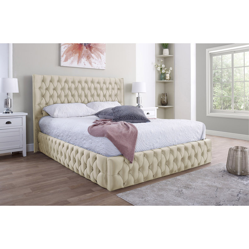 Upholstered Velvet Bed, Double (4'6), Duck Egg