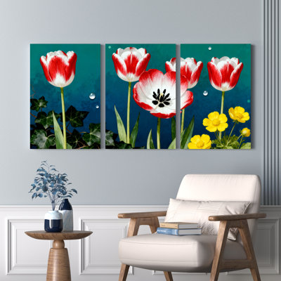 Red and White Tulip with Yellow Flowers Canvas Wrapped Wall Art, Oil Painting Print (Set of 3)