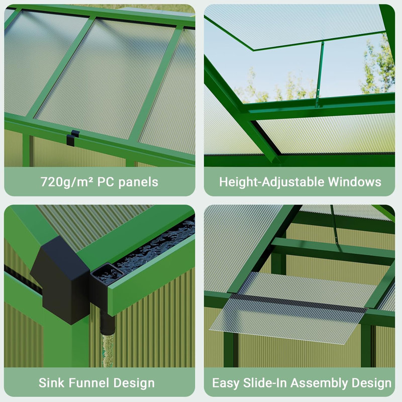 Greenhouse With Upgraded Door Handles, Easy Assembly Aluminum Polycarbonate Greenhouses for Outdoors with Roof Vent and Ground Nails, Heavy Duty Aluminum Walk-in Greenhouse for Backyard, Sliding Lockable Door