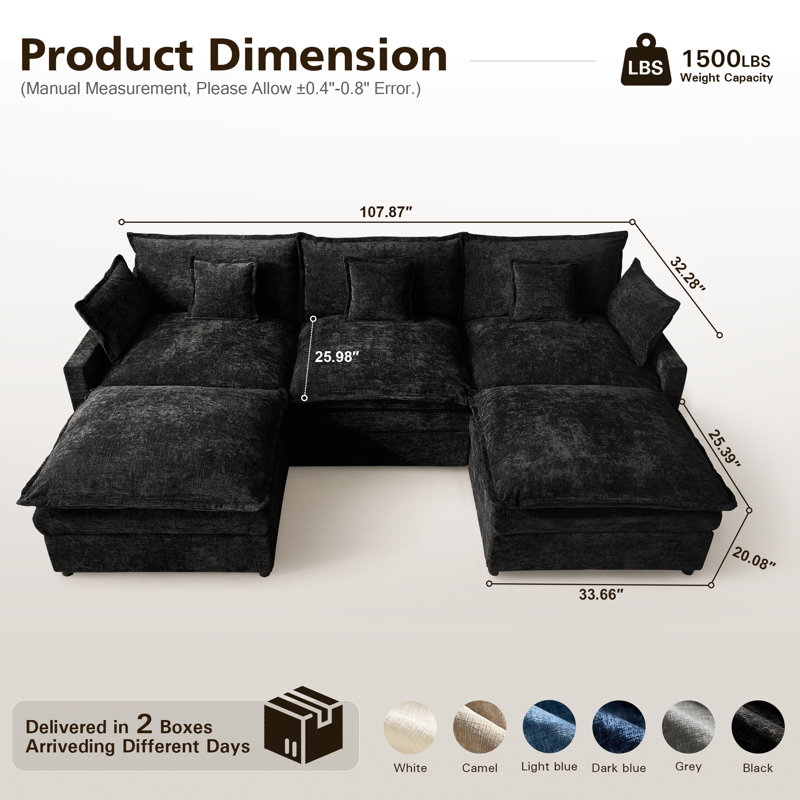 Canapé modulaire en U de 107,87 po avec 2 repose-pieds, Noir