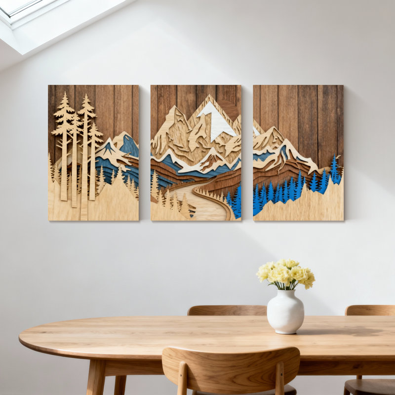 «Landscape & Nature Mountain Forest River Landscape», ensemble de 3 impressions sur toile, H 24 po x l 48 po